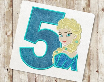 Princess Fifth birthday Applique Embroidery Design, Ice Queen Applique Embroidery Design, Birthday Embroidery, Instant Download, 111