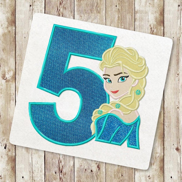 Princess Fifth birthday Applique Embroidery Design, Ice Queen Applique Embroidery Design, Birthday Embroidery, Instant Download, 111