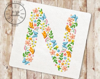 Floral Letter N machine embroidery design Wildflower alphabet Font from flowers and butterflies letters for a personalized gift 258