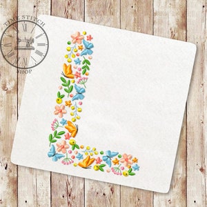 Diseño de bordado a máquina de letra L floral Fuente del alfabeto de flores silvestres de flores y mariposas Letras para un regalo personalizado 256