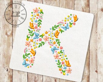 Floral Letter K machine embroidery Design Wildflower alphabet Font from flowers and butterflies Letters for a personalized gift 255