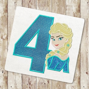 Prinzessin Vierter Geburtstag Applikation Stickmuster, Eiskönigin Applikation Stickmuster, Baby Geburtstag Stickerei, Instant Download 110