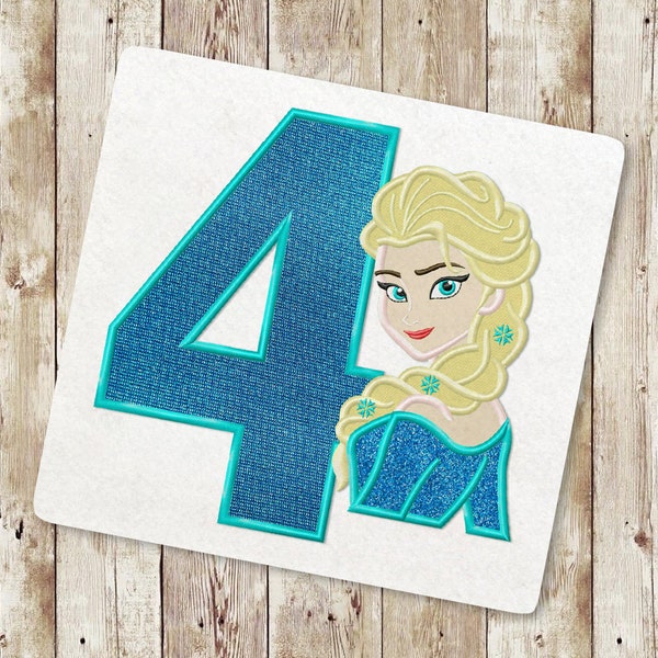 Princess Fourth birthday Applique Embroidery Design, Ice Queen Applique Embroidery Design, Baby Birthday Embroidery, Instant Download 110