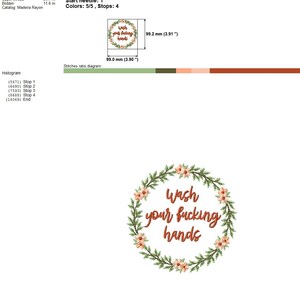 May include: Embroidered design with a floral wreath and the text "Wash your fucking hands" in a red font. The design is 3.9 inches by 3.9 inches.