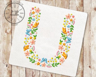 Floral Letter U machine embroidery design Wildflower alphabet Font from flowers and butterflies letters for a personalized gift 265