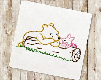 Bear on a log Embroidery Design, Bear and Piglet Embroidery Design, Bear on a log color Embroidery, Outline, Instant Download, 091