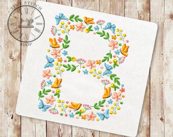 Floral Letter B machine embroidery Design Wildflower alphabet Font from flowers and butterflies Letters for a personalized gift 246