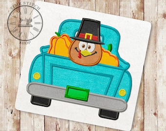 Thanksgiving Day Truck Applique Embroidery Design, Retro Truck Embroidery Designs, Turkey truck Applique Designs, Instant Download, 045