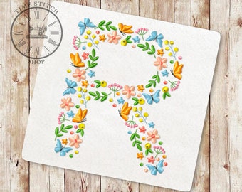 Floral Letter R machine embroidery design Wildflower alphabet Font from flowers and butterflies letters for a personalized gift 262