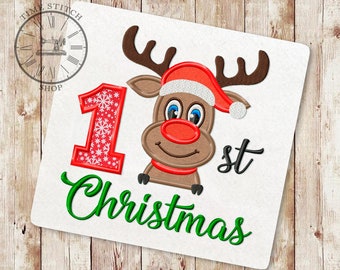 First Christmas Applique Embroidery Design, First baby Christmas Applique Embroidery Design, Christmas Deer Applique Embroidery Design, 065