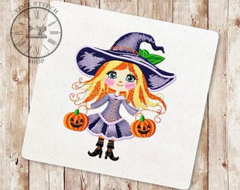 Little cute witch in a hat and with pumpkins Machine Embroidery Design, Halloween Embroidery Pattern, Instant Download Digital File  283