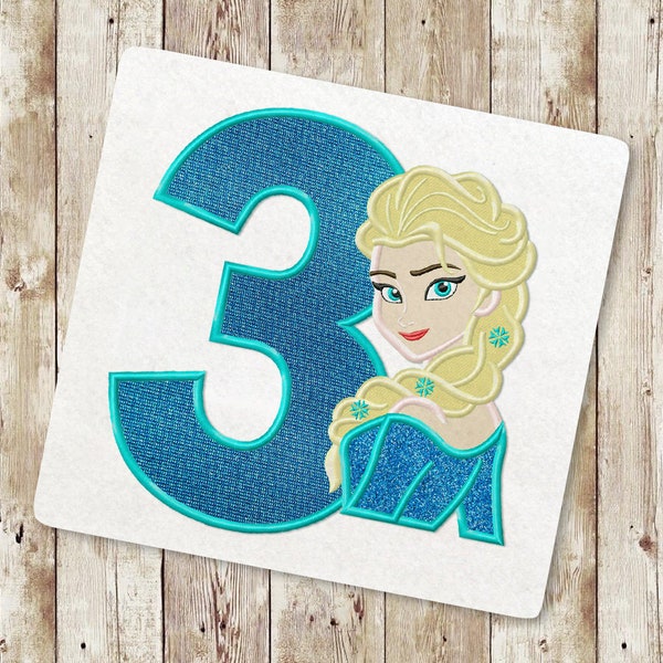 Princess Third birthday Applique Embroidery Design, Ice Queen Applique Embroidery Design, Birthday Embroidery, Instant Download, 109