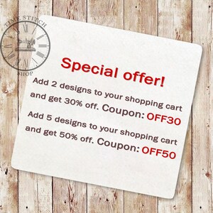 May include: White card with red text announcing a special offer for adding designs to a shopping cart. Add 2 designs and get 30% off. Coupon: OFF30. Add 5 designs and get 50% off. Coupon: OFF50.