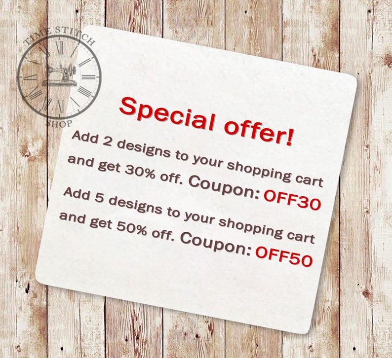 May include: White card with red text announcing a special offer for adding designs to a shopping cart. Add 2 designs and get 30% off. Coupon: OFF30. Add 5 designs and get 50% off. Coupon: OFF50.