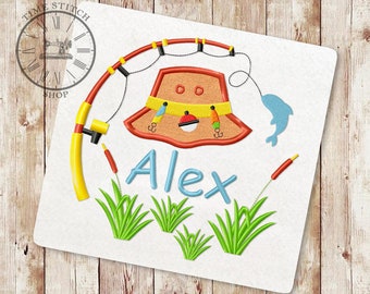 Fishing Applique Embroidery Design, Fishing Pole Machine Embroidery Design, Fishing hat, Summer Time Embroidery, lures sketch fill, 228