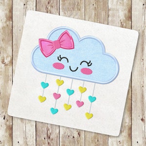 May include: A blue cloud with a pink bow and a happy face, with a string of colorful hearts hanging from it.