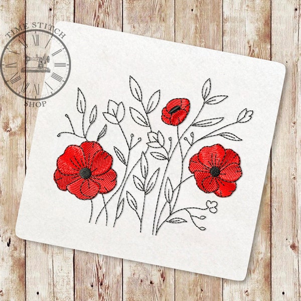 Red poppy flower embroidery design Wildflowers for pocket t-shirt Meadow grass pattern Simple floral Wild garden flowers Line art design 276