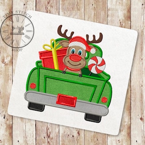 Christmas truck Reindeer Applique Embroidery Design, Retro Truck Machine Embroidery Design, Christmas Truck Applique, Instant Download, 019