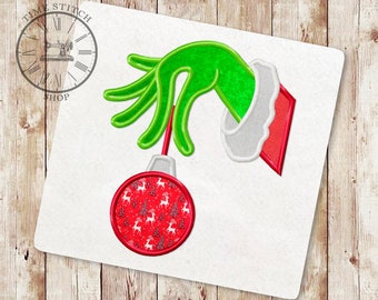 Green humanoid hand with Christmas decoration applique embroidery design, Christmas design for machine embroidery, 061
