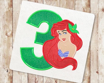 Mermaid Third birthday Applique Embroidery Design, Sea Princess Applique Embroidery Design, Princess Mermaid Design, Instant Download, 123