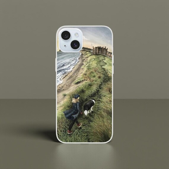 Coastal Vibes: Portrait Phone Case - Girl & Border Collie Artistic Cover - Flexible, Modern Design