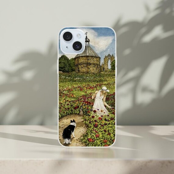 Artistic Phone Case - Girl Picking Flowers with Dog & Guisborough Priory Ruins Design