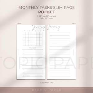 Planejador de tarefas para impressão para agenda de bolso, tarefas mensais para impressão, modelos de bolso, encarte de tarefas mensais, lista de tarefas