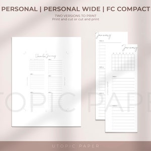 May include: White planner inserts with the text "PERSONAL | PERSONAL WIDE | FC COMPACT" and "TWO VERSIONS TO PRINT". The inserts include calendar layouts for December and January, with space for notes. The brand name "UTOPIC PAPER" is visible.