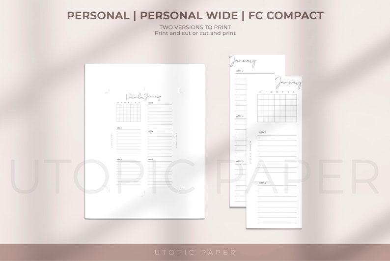 May include: White planner inserts with the text "PERSONAL | PERSONAL WIDE | FC COMPACT" and "TWO VERSIONS TO PRINT". The inserts include calendar layouts for December and January, with space for notes. The brand name "UTOPIC PAPER" is visible.