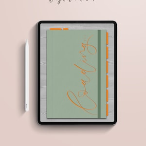 May include: A digital notebook on a tablet with a green cover and orange tabs. The word "Reading" is written in orange script on the cover. A white stylus is positioned to the left of the tablet. The background is a light pink.