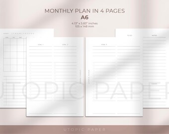 A6 Monthly Planner Insert, Monthly Overview, Printable Planner Inserts, Monthly Goal Planner Printable, Monthly Goal Template, Digital