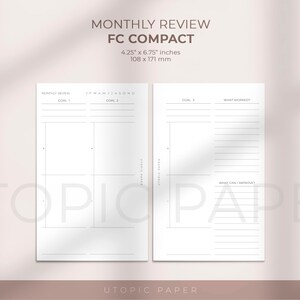 May include: A white planner insert labeled "MONTHLY REVIEW FC COMPACT" with dimensions of 4.25 x 6.75 inches. The insert features sections for goals and notes, with the "UTOPIC PAPER" logo at the bottom.