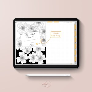 May include: A digital notebook displayed on a tablet, featuring a floral design in black and white. The notebook includes a section for personal information and a link to an Etsy shop. A white stylus rests below the tablet.
