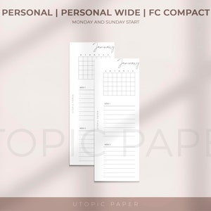 May include: Two white paper planner inserts with the text "January" and a calendar grid. The inserts include sections for weekly planning and notes. The top of the image reads "PERSONAL | PERSONAL WIDE | FC COMPACT" and "MONDAY AND SUNDAY START". The bottom of the image reads "UTOPIC PAPER".