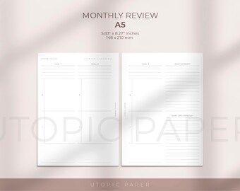 Monthly Review Planner Insert A5, Monthly Review A5, Monthly Goals Review, A5 Printable Planner Inserts, Monthly Goal Template, Undated