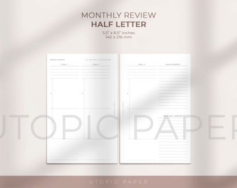 Monthly Review Planner Insert Half Letter, Monthly Review, Monthly Goals Review, Printable Planner Inserts, Monthly Goal Template, Undated