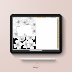 May include: A digital planner displayed on a tablet, featuring a floral design with black and white line art. The planner includes a card with the text "utopic paper" and a dotted grid layout. A white stylus rests below.