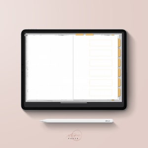 May include: A digital planner displayed on a black tablet, featuring a grid layout and labeled tabs in shades of yellow. A white stylus rests below the tablet. The words "utopic paper" are in the bottom right corner.