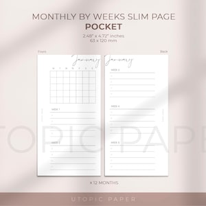May include: A white pocket-sized planner insert with a monthly calendar and weekly to-do lists. The insert is labeled "Monthly by Weeks Slim Page Pocket" and measures 2.48" x 4.72" (63 x 120 mm). The text "January" is written in cursive.