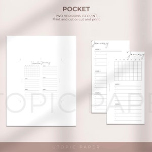 May include: White pocket-sized planner inserts with the text "POCKET" and "TWO VERSIONS TO PRINT". The inserts include calendar layouts for December, January, and weekly planning sections. The brand name "UTOPIC PAPER" is visible.