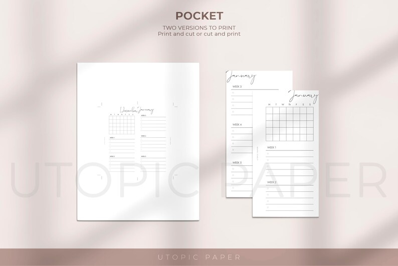 May include: White pocket-sized planner inserts with the text "POCKET" and "TWO VERSIONS TO PRINT". The inserts include calendar layouts for December, January, and weekly planning sections. The brand name "UTOPIC PAPER" is visible.