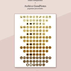 May include: A digital sticker sheet with 120 individual PNGs for GoodNotes. The stickers are in a variety of gold and brown tones, featuring icons such as social media logos, hearts, and food items. The text on the sheet reads "120 PNGs Individuales".