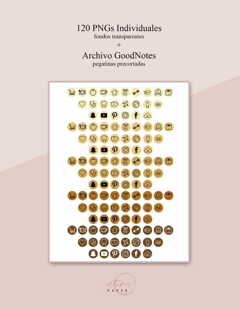 May include: A digital sticker sheet with 120 individual PNGs for GoodNotes. The stickers are in a variety of gold and brown tones, featuring icons such as social media logos, hearts, and food items. The text on the sheet reads "120 PNGs Individuales".