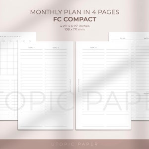 May include: Four white planner pages with a monthly calendar, goal sections, to-do list, and notes. The planner is labeled "FC COMPACT" and measures 108 x 171 mm. The text "MONTHLY PLAN IN 4 PAGES" is at the top.
