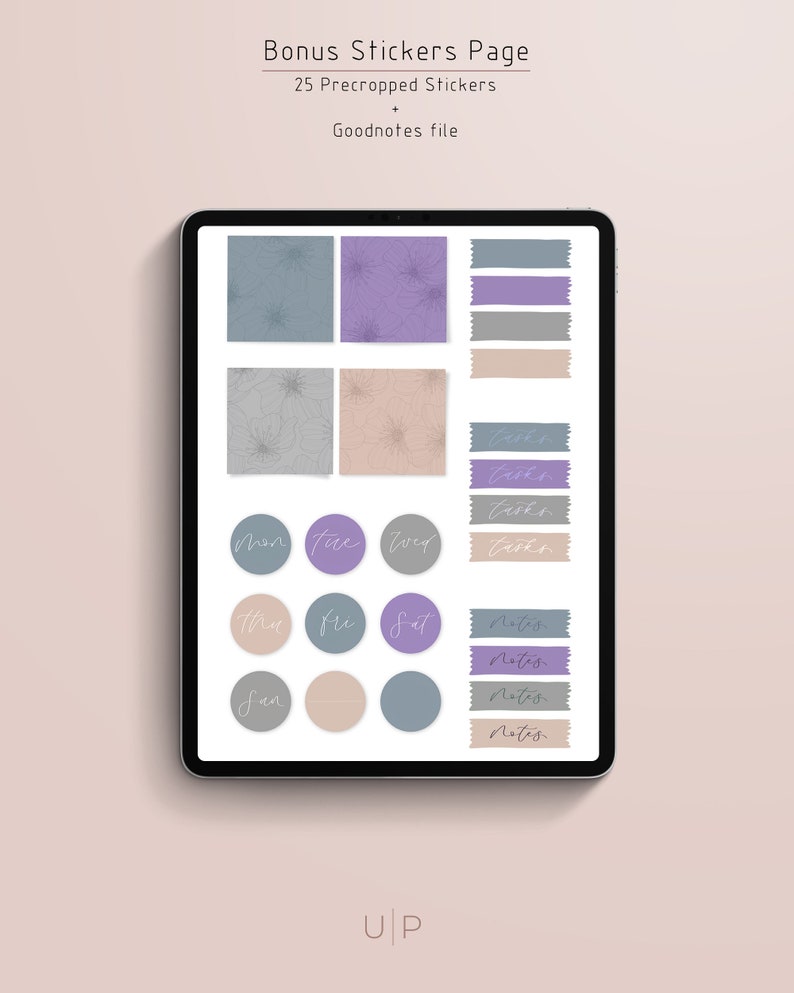 May include: Digital planner stickers displayed on a tablet. The stickers include floral squares, rectangular labels, and circular day-of-the-week labels. The color palette features muted tones of blue, purple, beige, and gray. Text on the stickers includes "Tasks" and "Notes".