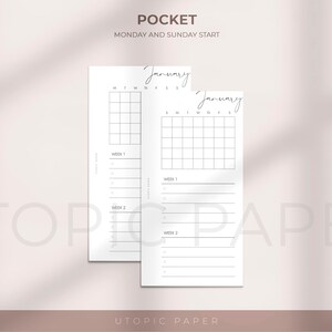 May include: Two white pocket-sized planner inserts with a calendar grid for January. The top text reads "POCKET MONDAY AND SUNDAY START". The inserts have space for weekly notes. The bottom text reads "UTOPIC PAPER".