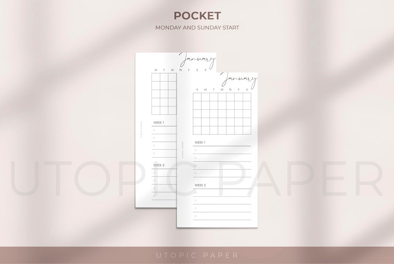 May include: Two white pocket-sized planner inserts with a calendar grid for January. The top text reads "POCKET MONDAY AND SUNDAY START". The inserts have space for weekly notes. The bottom text reads "UTOPIC PAPER".
