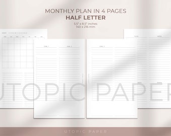 Half Letter Monthly Planner Insert, Monthly Overview, Printable Planner Inserts, Monthly Goal Planner Printable, Monthly Goal Template