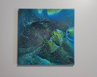 Original Abstract Poured Painting: Blue Green Fluid Art (14x14")