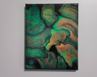 Original Acrylic Pour Painting: Green & Orange Abstract Fluid Art (8x10)